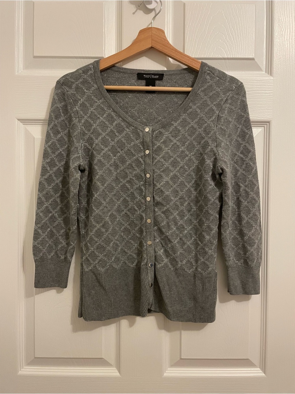 White House Black Market Gray Metallic Knit Cardigan Sweater Quiet Luxury Medium